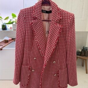 Zara Red and White Checkered Blazer